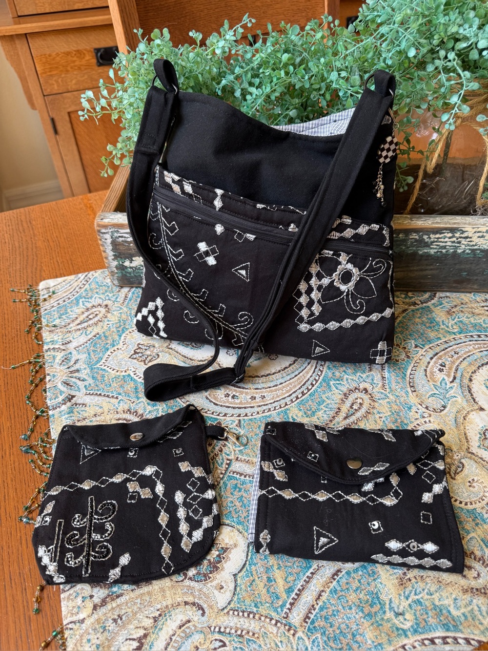Crossbody Bag Wallet & Makeup Bag 3 Pc Set Handmade Black Silver Embroidered